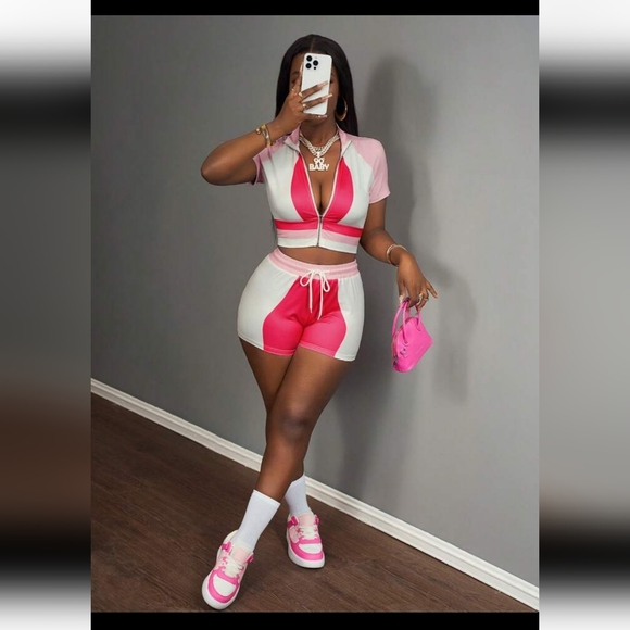 NWT Shein 2X 16W Short Top Co-ord Set Pink Zip Top Fitted Shorts AW-1486 - Picture 4 of 8